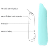 The VeDO Boom Rechargeable Warming Bullet Vibrator in turquoise is a stylish personal device from VeDO, featuring a "nub surface adds more pleasure," the ability to "warm in 2 minutes to body temperature," and a flexible shaft. This versatile vibrator is submersible and equipped with easy-to-use control buttons, offering both modernity and indulgence in your experience.